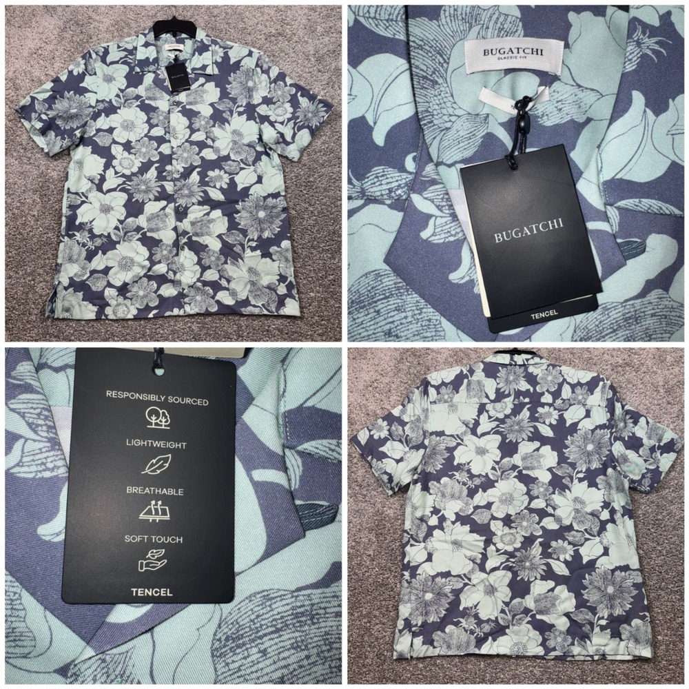 Bugatchi Floral Shirt Mens Classic Fit Tencel Short Sleeve Mint Size Medium NEW